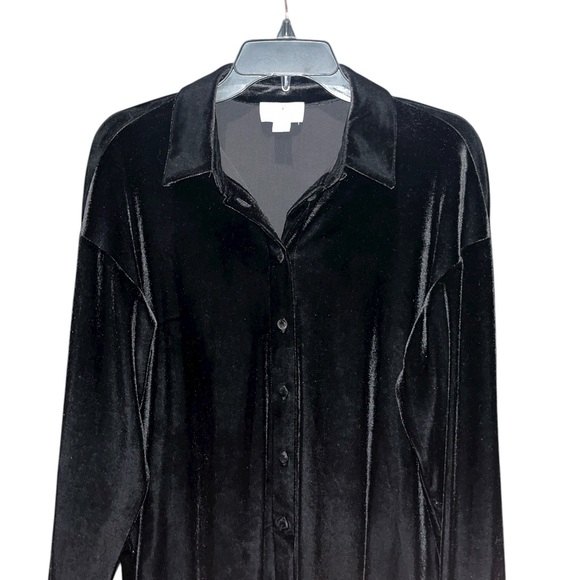 CeCe Black Stretch Velvet Button Down Blouse Shirt Top Size Medium - Picture 3 of 9
